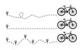 Bike icon dotted line path with start point. Set of bicycle way trace with location or map pins and dotted route. Vector